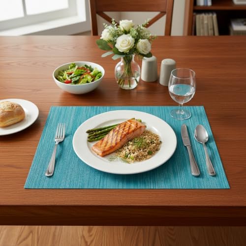 SHACOS Teal Blue Placemats Set of 4 Woven Vinyl Place Mats Easy Clean