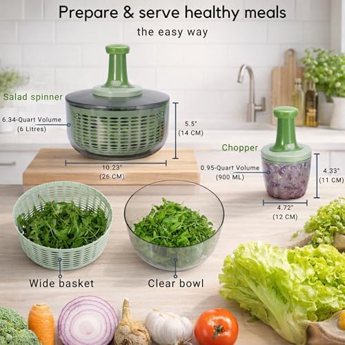Brieftons Salad Spinner and Chopper Combo: Large 6.34-Quart Lettuce Greens Vegetable Washer Dryer with Bonus 0.95-Quart Push Veggie Chopper Mixer, Storage Lids, Collapsible, No Electricity, Easy Prep