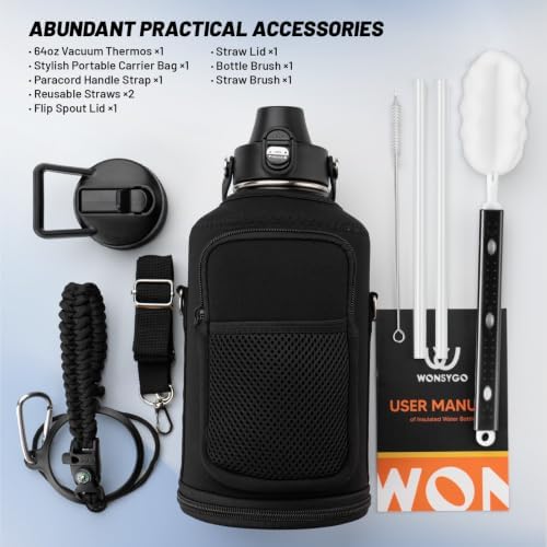 64oz Insulated Water Bottle Leak Proof with Carrier Bag for Sports