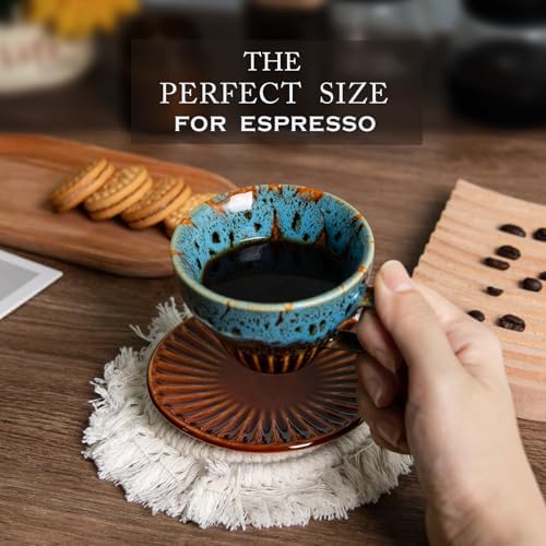 2 oz Espresso Cups and Saucers Set of 2, Ceramic Tea Cup for Latte