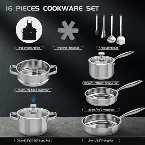 Meythway Pots and Pans Set Non Toxic, 16PCs Stainless Steel Cookware
