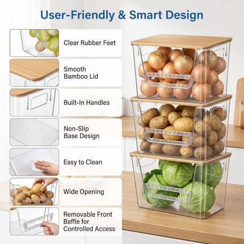 3 Set Pantry Organizers and Storage with Bamboo Lids, Stackable Clear