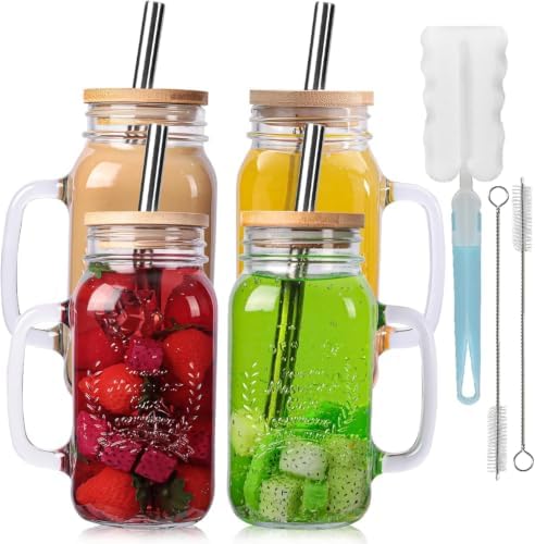 4 Pack 24Oz Mason jar cups with lids and straws, Mason Jars with
