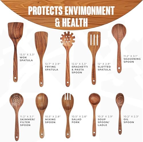 11-Piece Teak Wooden Utensil Set with Holder