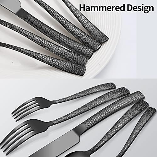 20-Piece Black Silverware Set, Stainless Steel Hammered Flatware Set