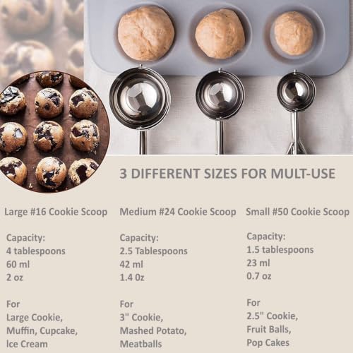 Ice Cream Scoop, 3Pcs Cookie Scoop Set, Stainless Steel Cookie Scoops