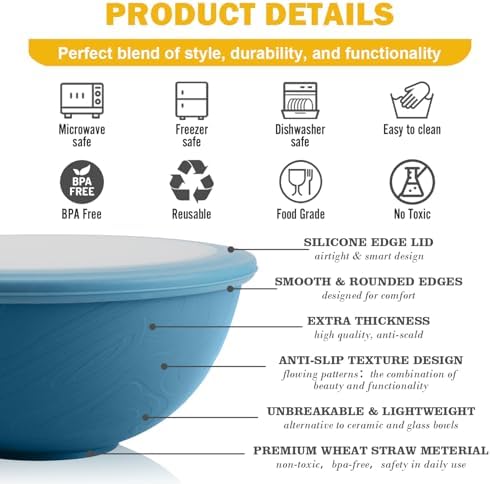 Wheat Straw Bowls Set with Lids, Unbreakable 40 OZ Cereal Bowls Set of