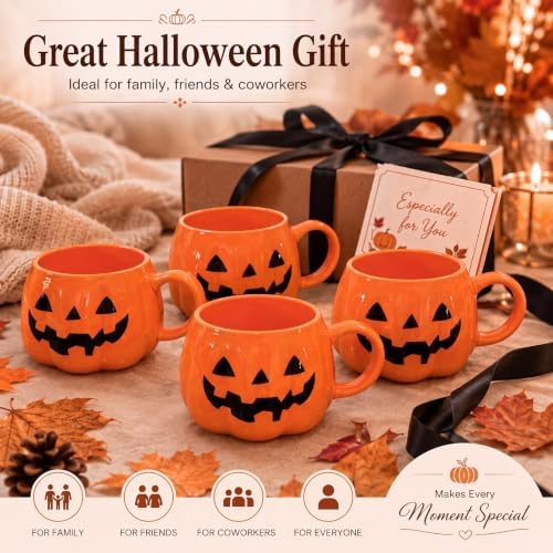 Potchen 4 Pack 12 oz Halloween Coffee Mugs Ceramic Jack O Lantern