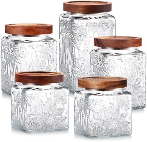 Suclain 5 Pcs Sunflower Vintage Glass Jars Airtight Lid 17/24/34