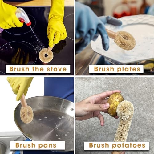 2PCS Coconut Brush Fiber Bottle Wooden Cleaning Brush, Scrub Head for