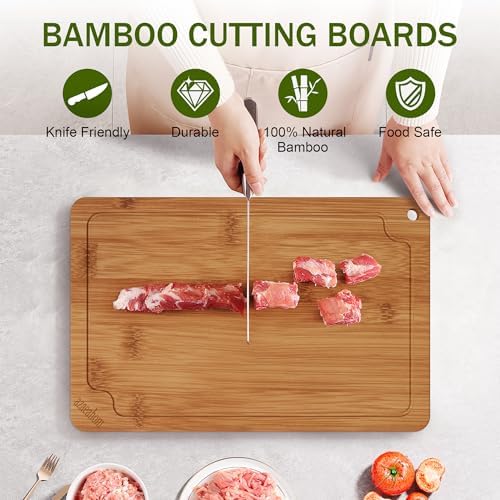 3-Piece Bamboo Cutting Board Set Serving Tray Juice GroovesHandles