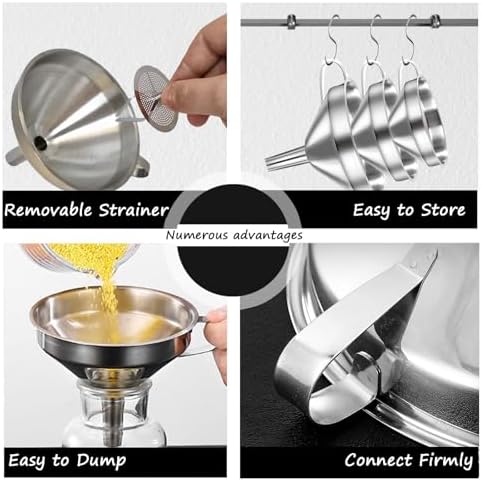 4 Pack Stainless Steel Funnels for Kitchen Use with Removable Strainer