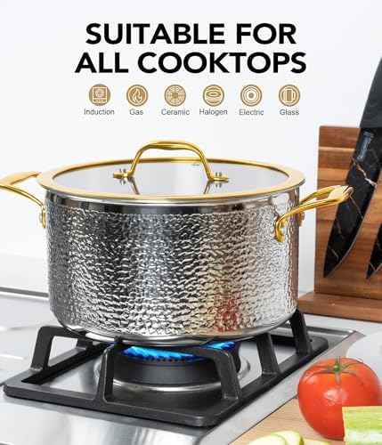 Michelangelo Triply Stainless Steel Pots and Pans Set, 10-Piece Hammered Stainless Steel Cookware Set with Golden Handle, Premium Induction Kitchen Cookware, Oven Safe