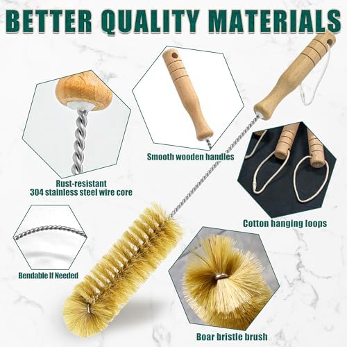 Boar Bristle Bottle Brush Set (4 Pack) - Straw & Water Bottle Cleaner