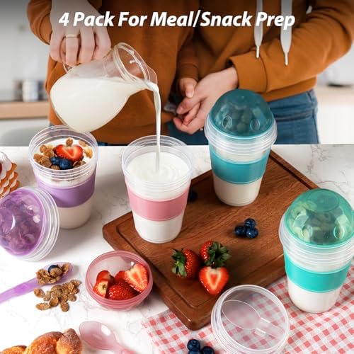 Freshmage 4 Pack 20 oz Yogurt Parfait Cups with Lids & Folding Spoons