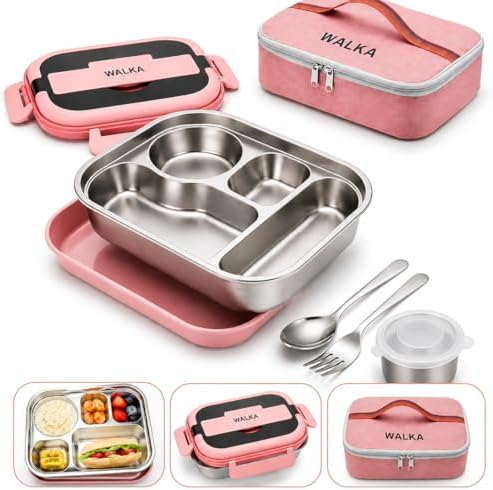 WALKA Stainless Steel Bento Lunch Box, 4 Compartments, Pink