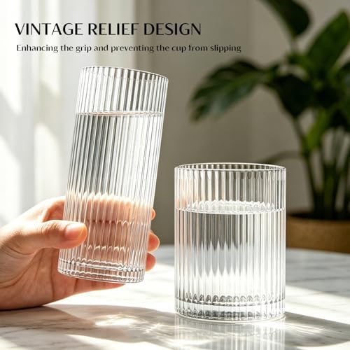 INSETLAN Set of 8 Vintage Glassware - 4 Highball Glasses 12 oz, 4