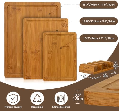 3 Packs Bamboo Cutting Board for Kitchen with Juice Grooves & Storage