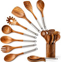 10-Piece Teak Wooden Utensil Set with Holder