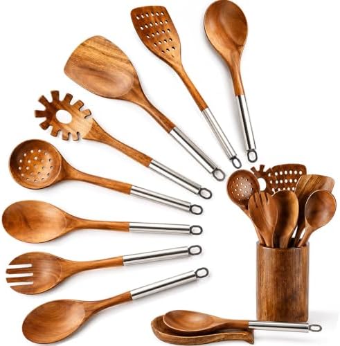 10-Piece Teak Wooden Utensil Set with Holder