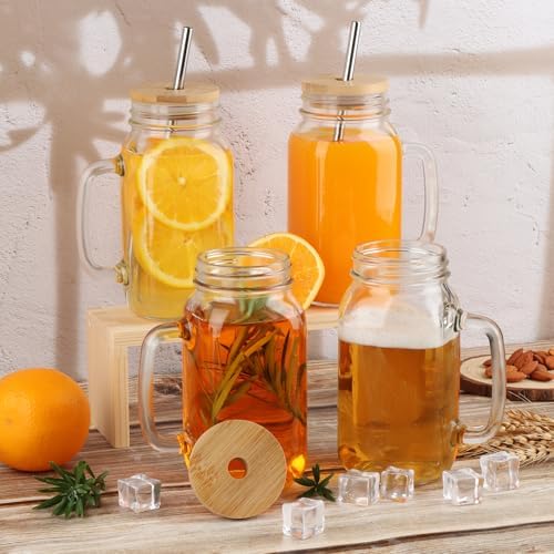 24 oz Mason Jar Cups Glass Drinking Jars with Handles Set of 4