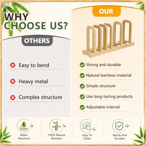 Novabright 2 Set Bamboo Cutting Board Organizer, 5-Slot Adjustable Dividers with Non-Slip Pads for Bakeware, Pot Lids, Trays, Cookie Sheets, Kitchen Cabinet Storage