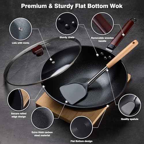 Teewe Carbon Steel Wok, 13" Woks & Stir-fry Pans Nonstick with Glass Lid