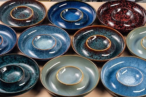 Ceramic Chips and Dip Serving Tray - Large Divided Party Bowl Set for Salsa, Veggies, Fruit & Snacks - Modern Minimalist Appetizer Platter with Unique Kiln-Change Glaze (Blue Marbled)