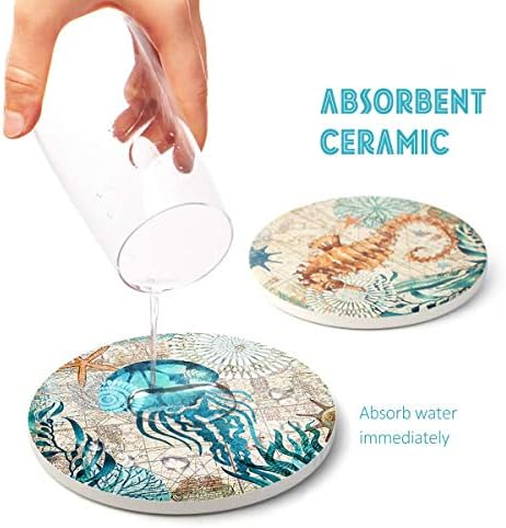 Teivio Absorbing Stone Sea Ocean Life Coasters for Drinks, Cork Base