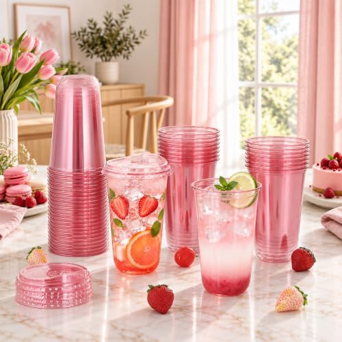 KesaPlan 50 Pack 18 oz Pink Round Bottom Plastic Party Cups with Sip