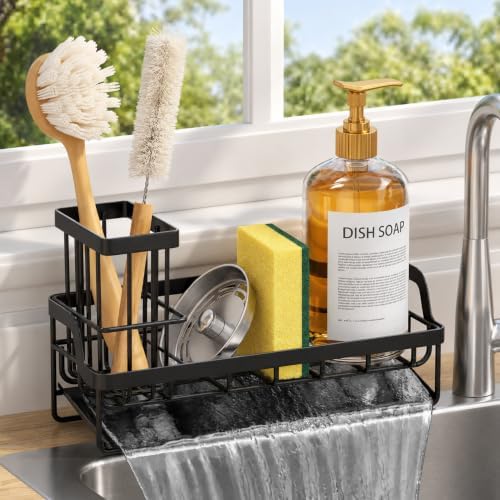 Consumest Sponge Holder for Kitchen Sink, Stainless Steel, Black