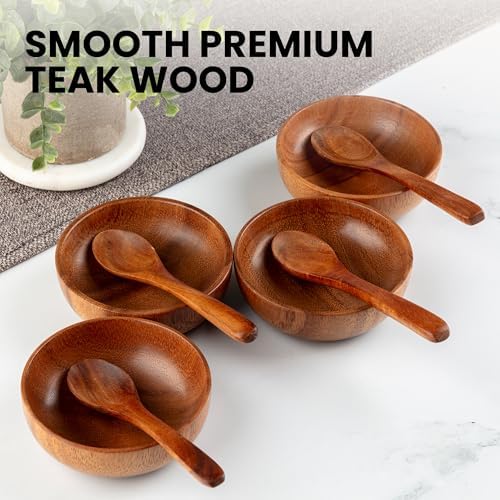 Zulay Kitchen Teak Wood Dipping Bowls with Spoons Set – 8 Piece Wooden