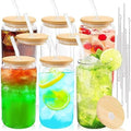 Joyclub 8pcs 16Oz Glass Cups with Bamboo Lids and Straws Drinking