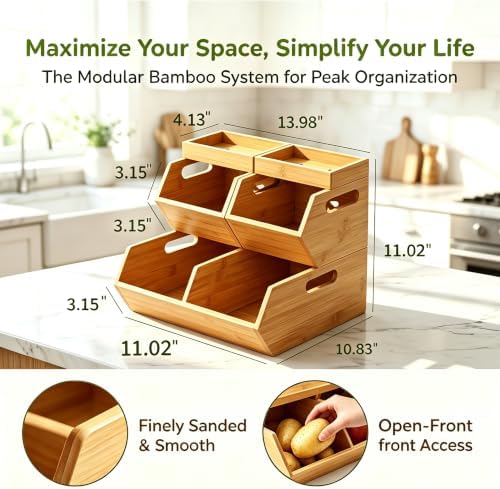 Bamboo Potato Onion Storage Bin, Stackable Ventilated Produce Basket