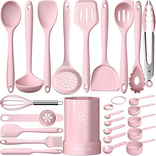 Fungun Silicone Cooking Utensils Set with Holder, Pink