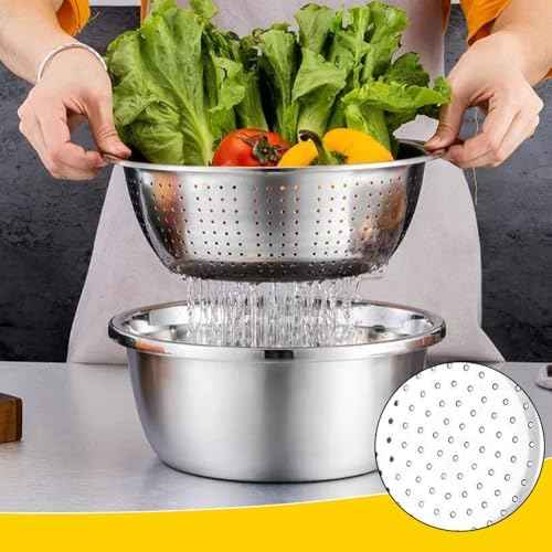Germany Multifunctional Stainless Steel Basin, 3 in 1 Grater Bowl with Strainer Colander, Vegetable Slicer & Rice Rinser Kitchen Tool (10.23in*10.23in*3.54in)