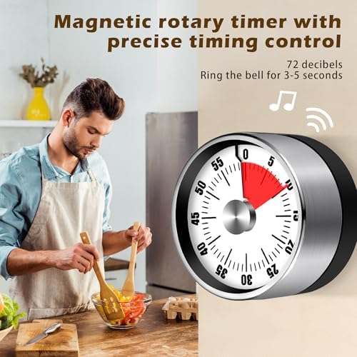 Mechanical Kitchen Timer, Magnetic Base, Silver and Black
