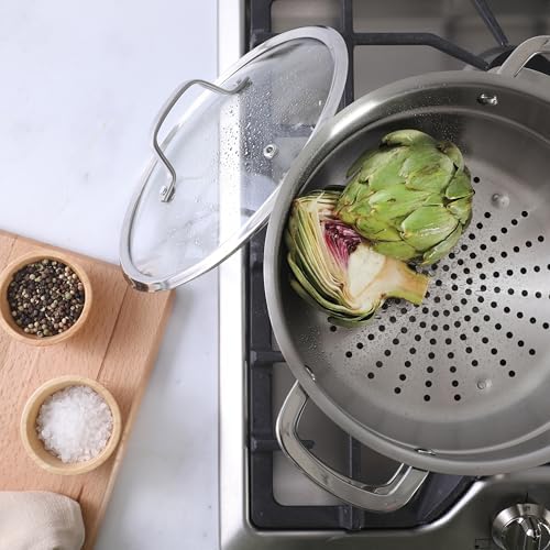 Sur La Table Kitchen Essentials Chef's Deck 3-Piece 5.3-Quart Stainless Steel Dutch Oven with Steamer Insert & Glass Lid – Induction Ready, Tri-Ply Base, Polished Finish & Hollow Stay-Cool Handles