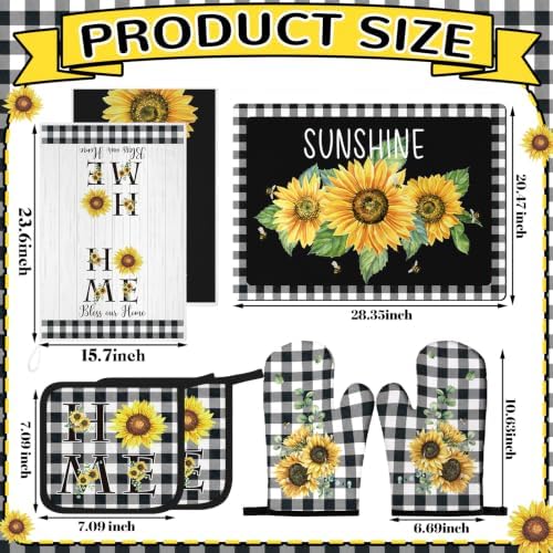 Fourluoo 7 Pcs Summer Sunflower Buffalo Plaid Kitchen Decor and