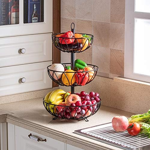 3 Tier Fruit Basket Bowl, Vegetable Organizer, Metal Black