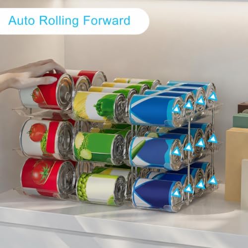 Can Organizer For Pantry, Adjustable Height And Width Canned Goods Organizer, Roller Soup Can Organizer Holds Up to 36 Cans for Kitchen Cabinet or Refrigerator(CLear 3 Tier)
