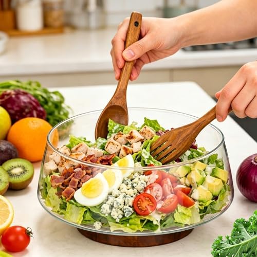 121oz Large Glass Salad Bowl with Wood Base & Spoons