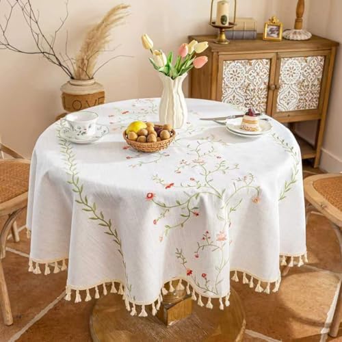 Alsoo Round Linen Tablecloth 55", Farmhouse Table Cloth with Pink
