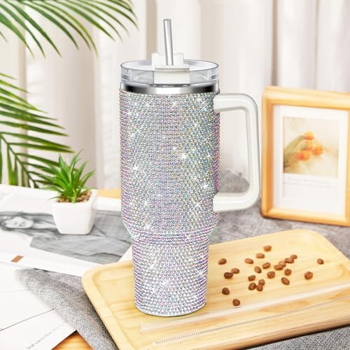 40oz Tumbler with Handle and Straw, Glitter Rhinestones Tumbler Bling