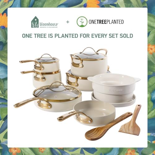 Bloomhouse 15-Piece Ceramic Nonstick Cookware Set, Two Time Oprah's Favorite Things, Heavy-Gauge Aluminum Pots and Pans Set, PFAS & PFOA & PTFE Free Ceramic Cookware, Oven Safe to 500°F, Almond Cream