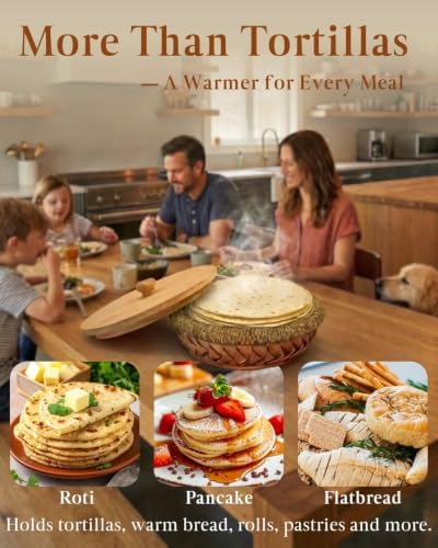 Rattan Weaving Tortilla Warmer Basket with Wooden Cover, 9.6" x 3.15"