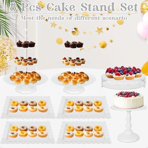 Fivenl 8 Pcs Cake Stand White Metal Dessert Table Display Set, 3-Tier