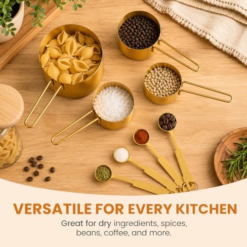 Gold Measuring Cups and Spoons Set, 8 Piece Stainless Steel Measuring