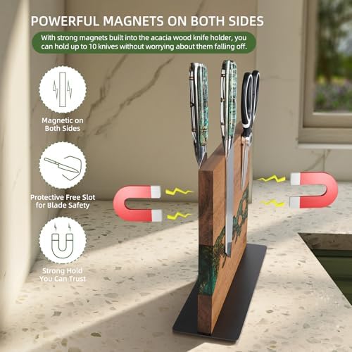 FINDKING Magnetic Knife Block, Acacia Wood, 12 × 10 Inches
