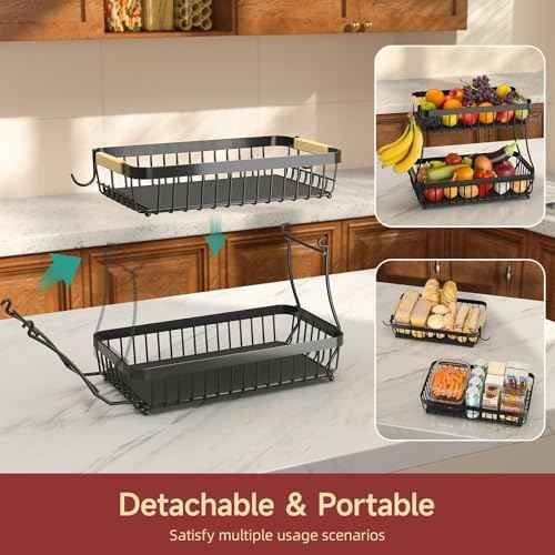 Sevenblue 2-Tier Fruit Basket with Banana Hangers, Detachable Metal Bowl